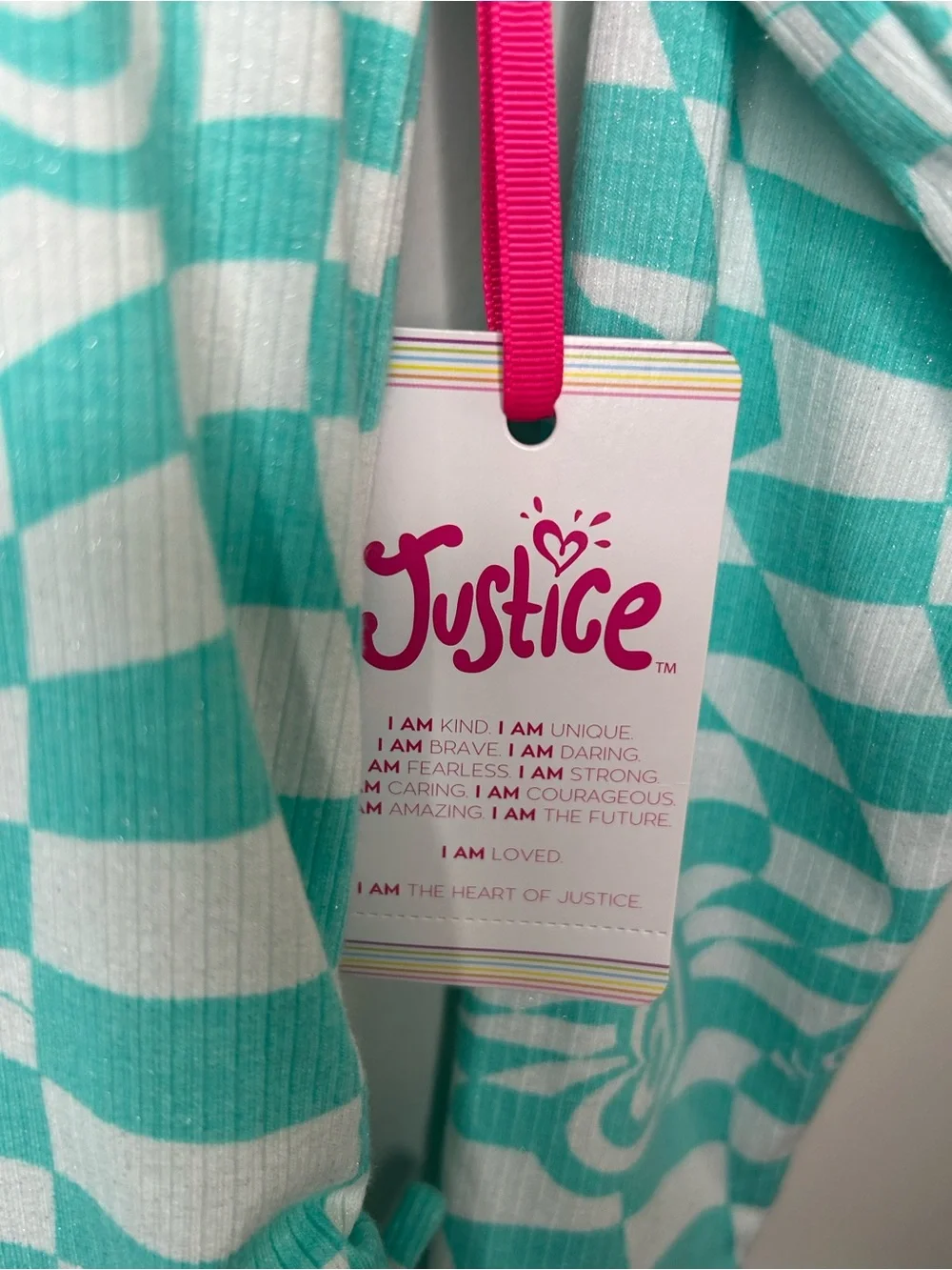 Justice Girls Turquoise Checkerboard Heart Long Sleeve Side-Cinch Button Up Top